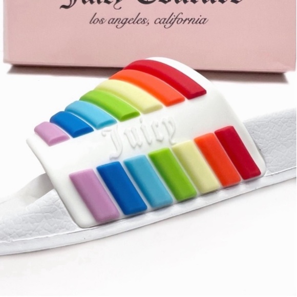 Juicy Couture Rainbow Slides NEW White Multi Stripe Wynnie Pool Sandals … - Picture 6 of 11